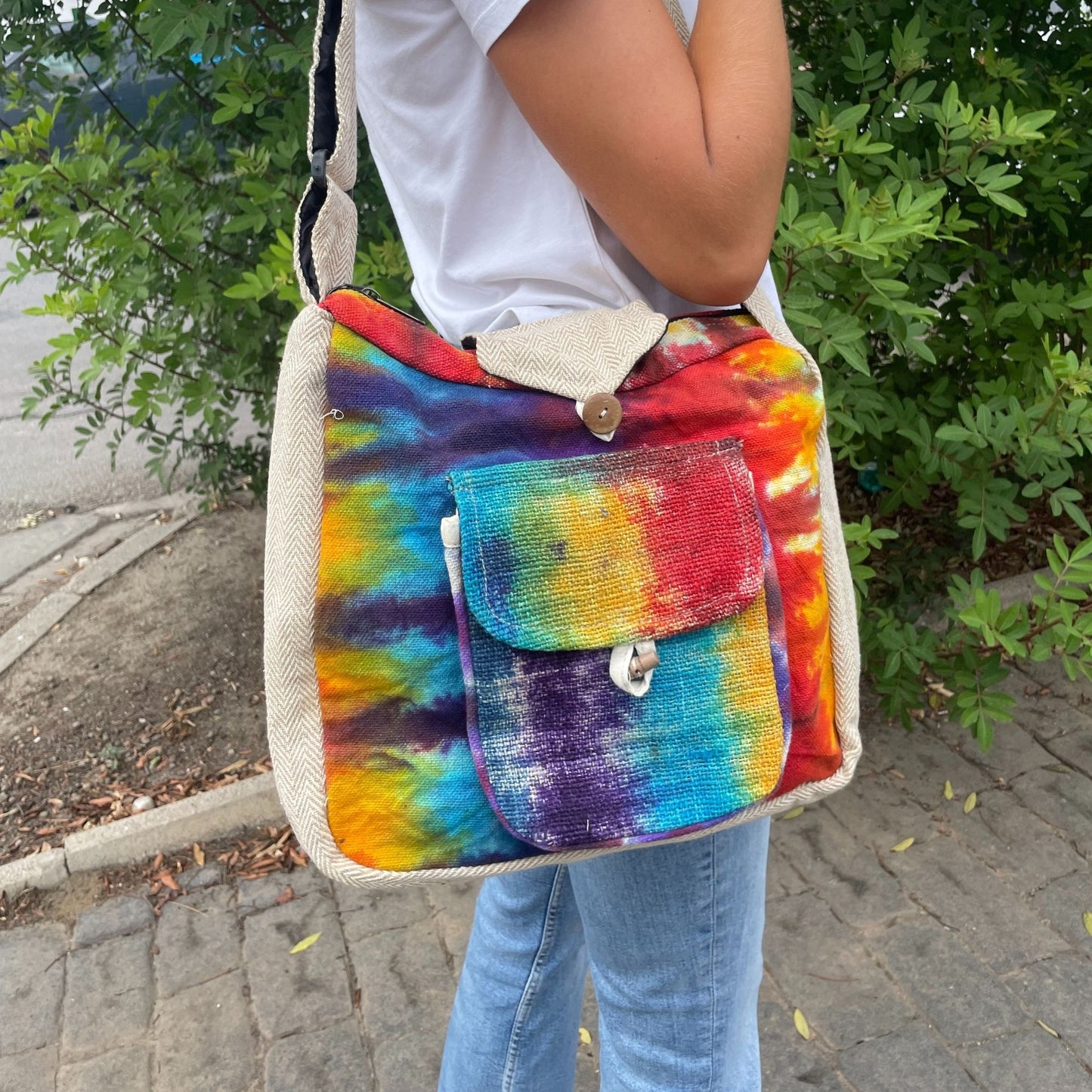 Bossa d'estudi de cànem Tiedye amb butxaca frontal
