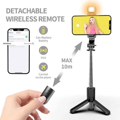 Pal de selfi sense fil amb trípode, llum LED i comandament Bluetooth – Professional, compacte i plegable