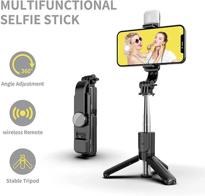 Pal de selfi sense fil amb trípode, llum LED i comandament Bluetooth – Professional, compacte i plegable