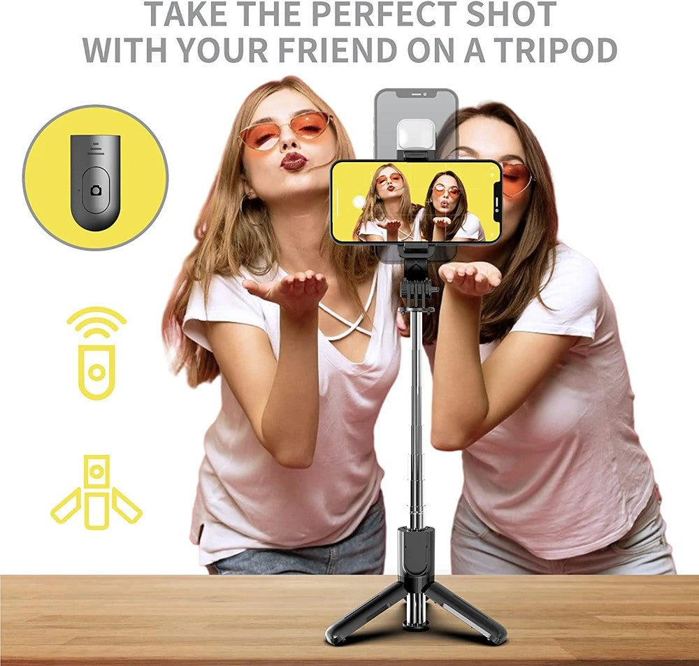 Pal de selfi sense fil amb trípode, llum LED i comandament Bluetooth – Professional, compacte i plegable