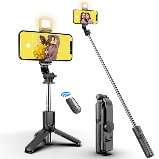 Pal de selfi sense fil amb trípode, llum LED i comandament Bluetooth – Professional, compacte i plegable