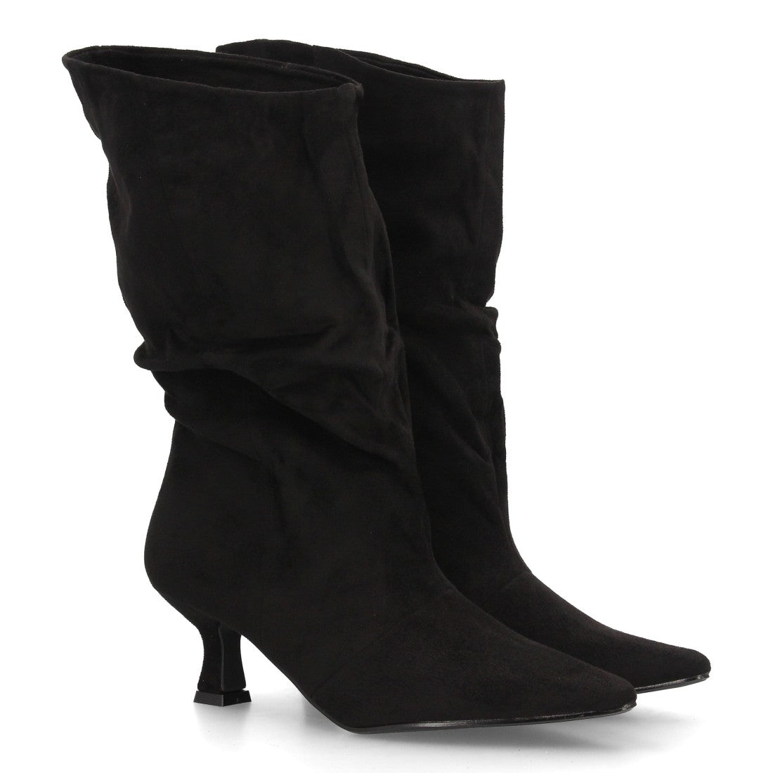 Botas de caña arrugada con tacón A-6027-Negro