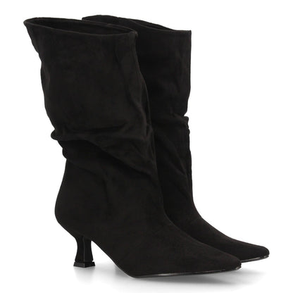 Botas de caña arrugada con tacón A-6027-Negro