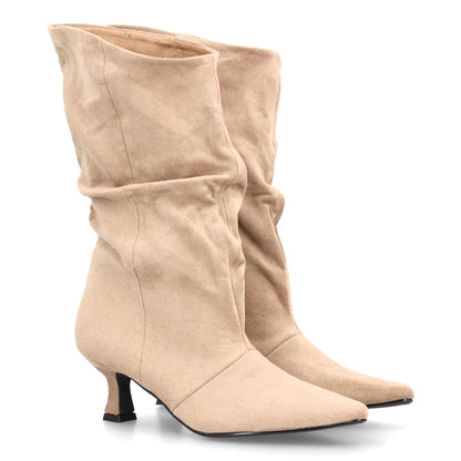 Botas de caña arrugada con tacón A-6027-Beige
