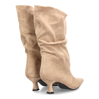 Botas de caña arrugada con tacón A-6027-Beige