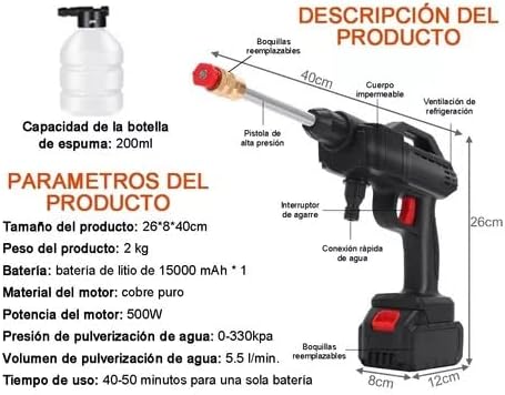 Pistola de Rentat d'Alta Pressió Sense Fils - Hidronetejadora Portàtil per a Cotxes, Terres i Jardins
