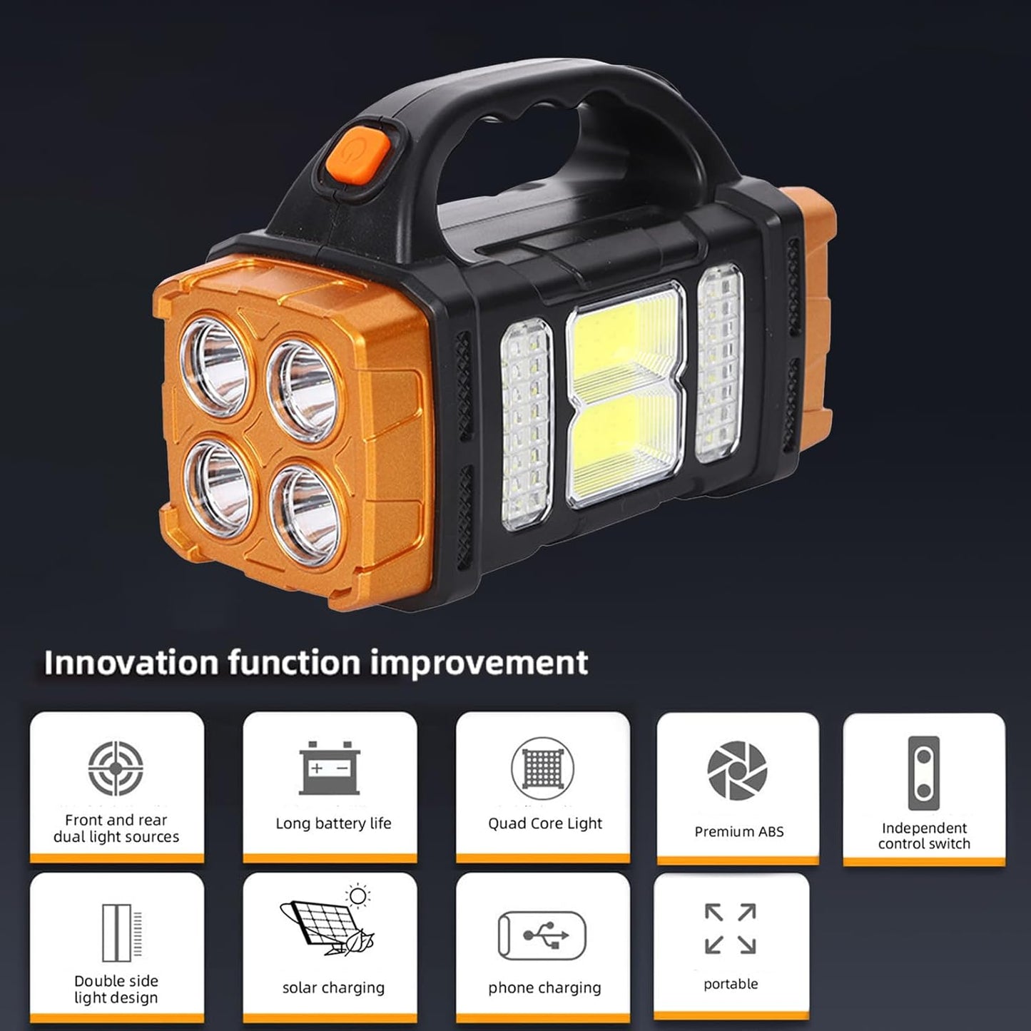 Focus LED Solar Recarregable – Llanterna de Càmping amb 4 Modes de Llum, Impermeable IP44, Gran Angular, USB i Solar
