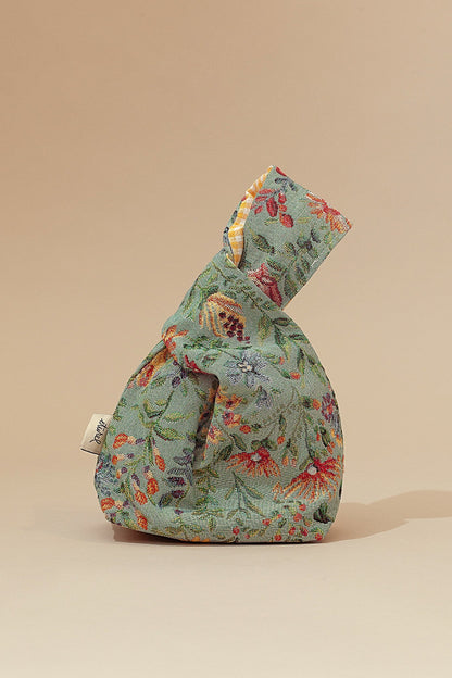 Bolso hatillo mini tejido jacquard flores azaleas celeste