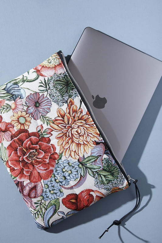 Funda de ordenador tejido jacquard flores crisantemos rojos