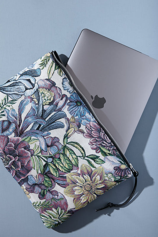Funda de ordenador tejido jacquard flores crisantemos azules