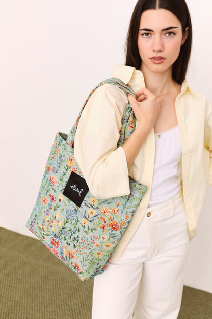 Tote bag tejido jacquard flores azaleas celeste