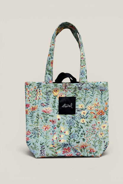 Tote bag tejido jacquard flores azaleas celeste