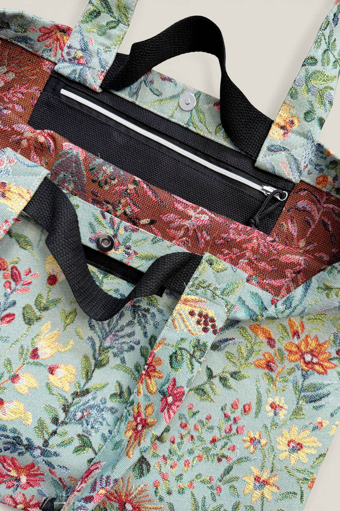 Tote bag tejido jacquard flores azaleas celeste