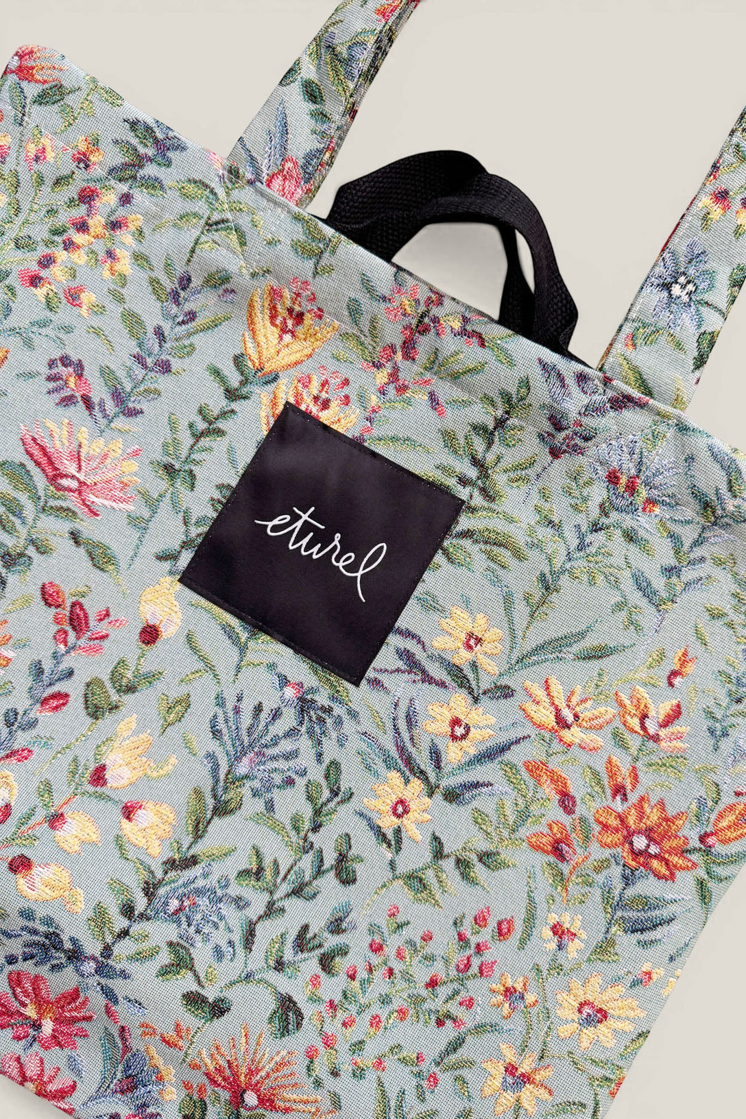 Tote bag tejido jacquard flores azaleas celeste