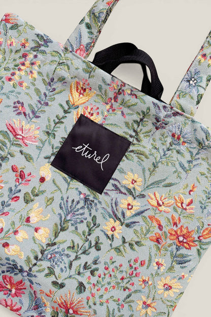 Tote bag tejido jacquard flores azaleas celeste