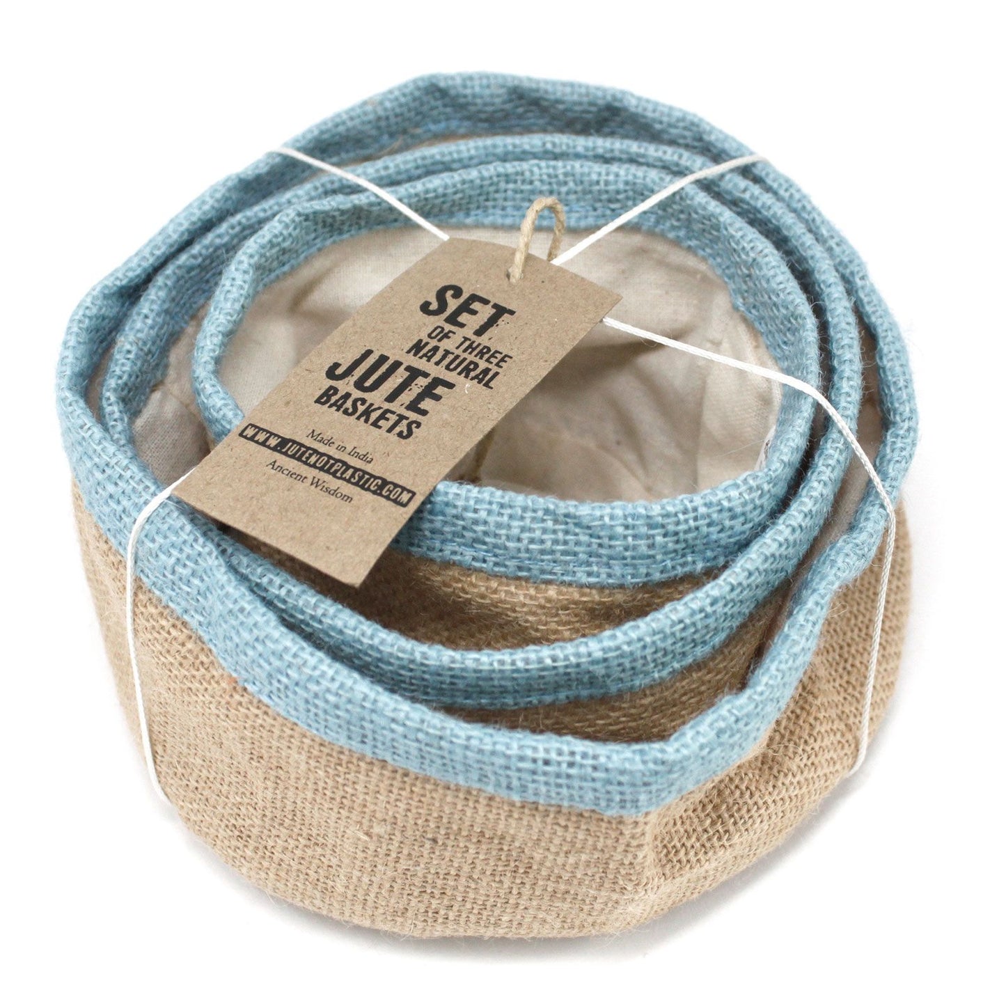 Conjunt de 3 cistelles de jute natural - Verd blavós