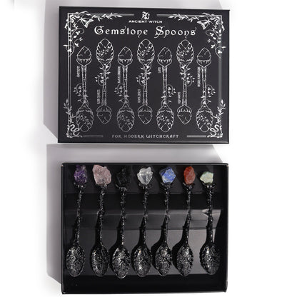 Juego de 7 Cucharas de Bruja de Cristal de Piedra Preciosa de Plata Oscura