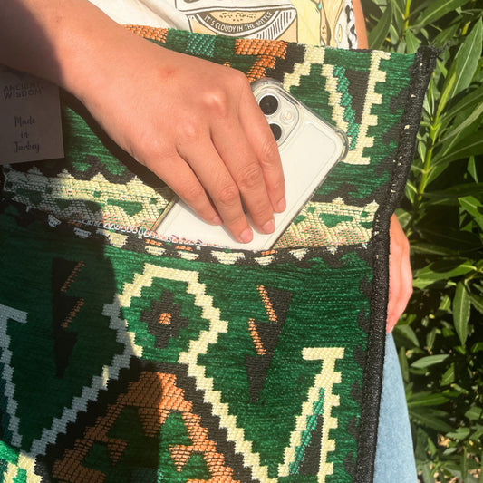 Bossa de mà bandolera de festa Kilim verd maragda