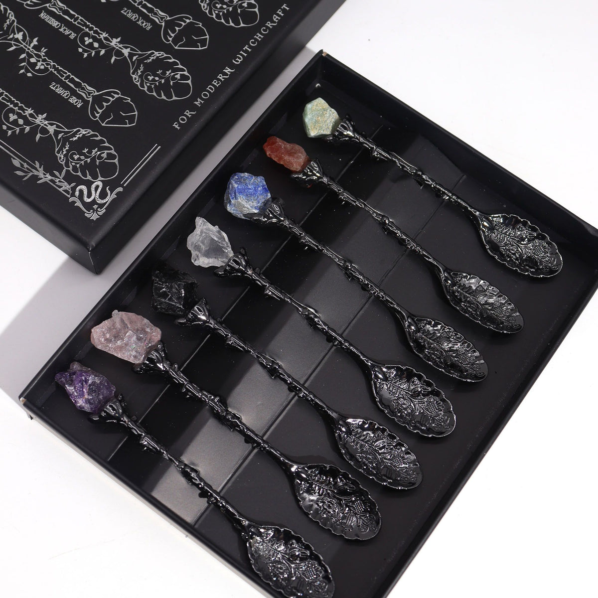 Juego de 7 Cucharas de Bruja de Cristal de Piedra Preciosa de Plata Oscura