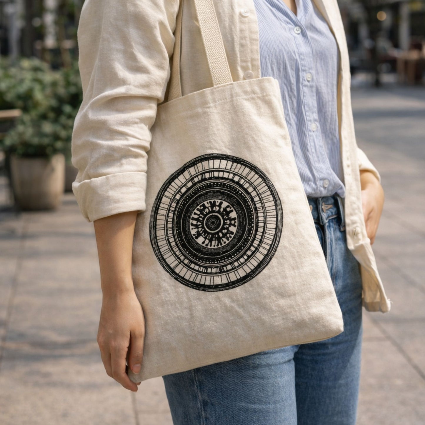 Bossa Tote Bàsica Icònica Nomad Sari - Mandala Urbana - Natural 4oz