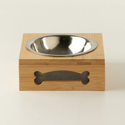 Cuenco de acero inoxidable en soporte de madera para mascotas