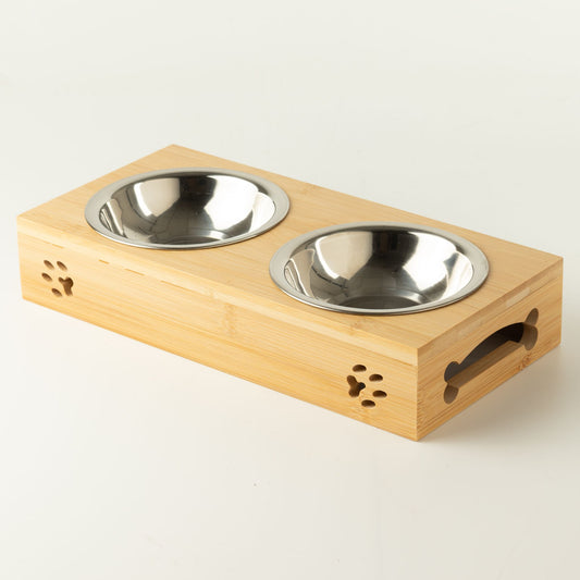 Cuencos dobles de acero inoxidable en soporte de madera para mascotas