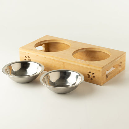 Cuencos dobles de acero inoxidable en soporte de madera para mascotas