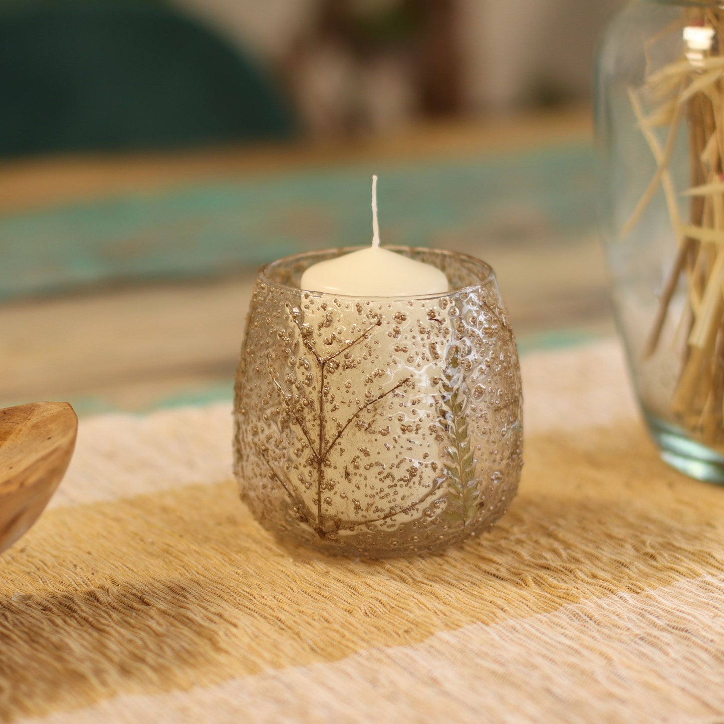 Portavelas recto de Vidrio floral natural - Pino (10x9cm)