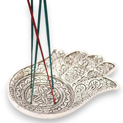 Porta-incienso Hamsa de Aluminio Pulido 18x13cm