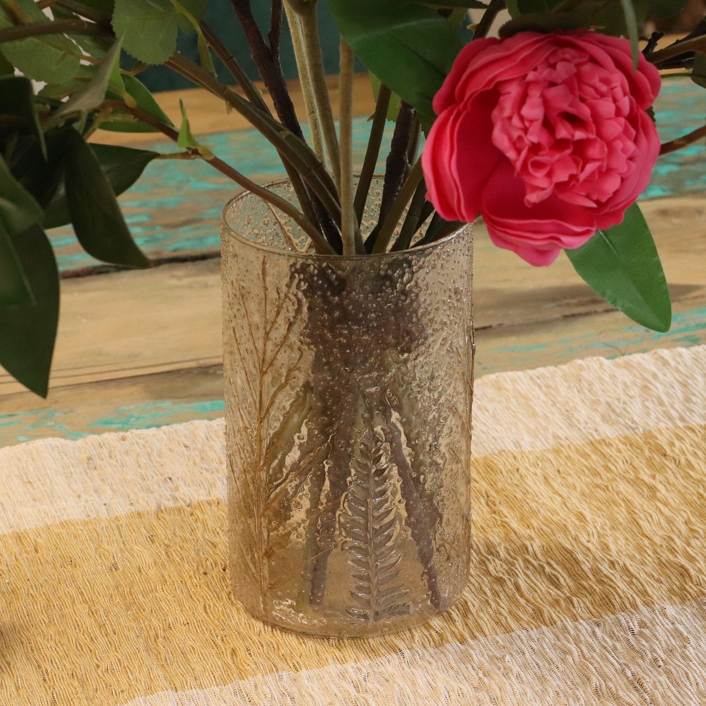 Portaespelmes de vidre floral natural - Gerro alt - pi (19x11cm)