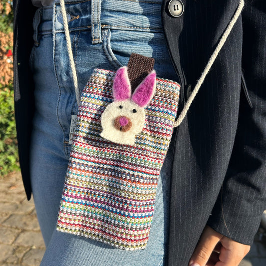 Bossa per a Telèfon amb Ratlles Roses - Decorada amb conill
