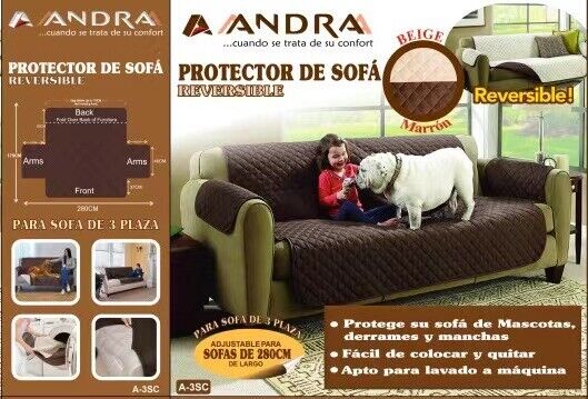 Protector de Sofà ANDRA - Reversible, 3 Places, Xocolata-Beix, 280 cm