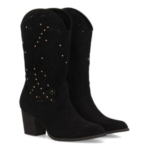 Botas cowboy con tacón y troquelado floral color negro