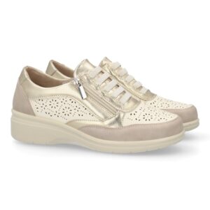 Zapatillas mujer cuña con cremallera y calados color oro