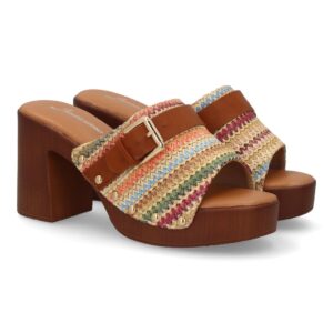 Sandalia mujer tacón madera ancho con hebilla color multi
