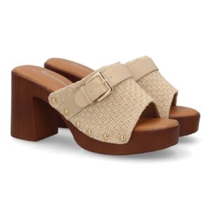 Sandalia mujer tacón madera ancho con hebilla color beige