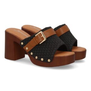Sandalia mujer tacón madera ancho con hebilla color negro